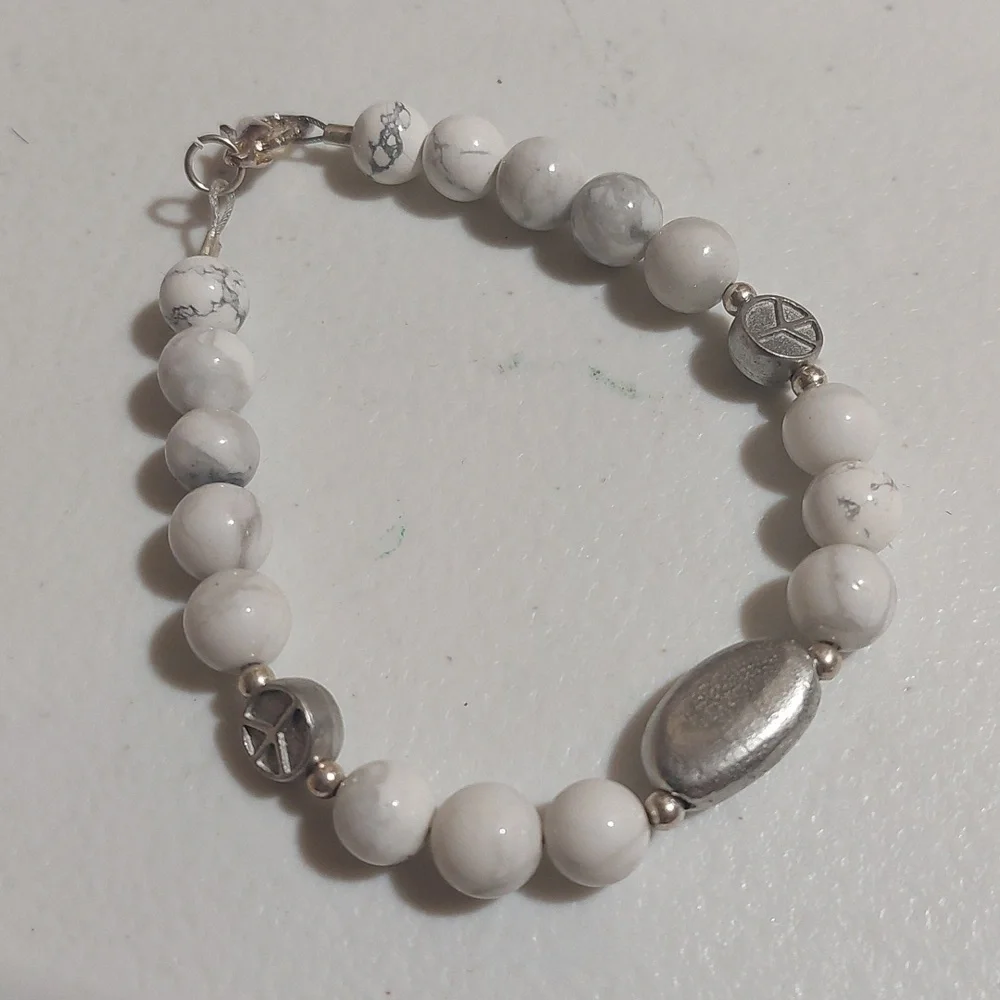 White Howlite Bead Bracelet with Silver Tone Accent PEACE Charm Peace Spacers